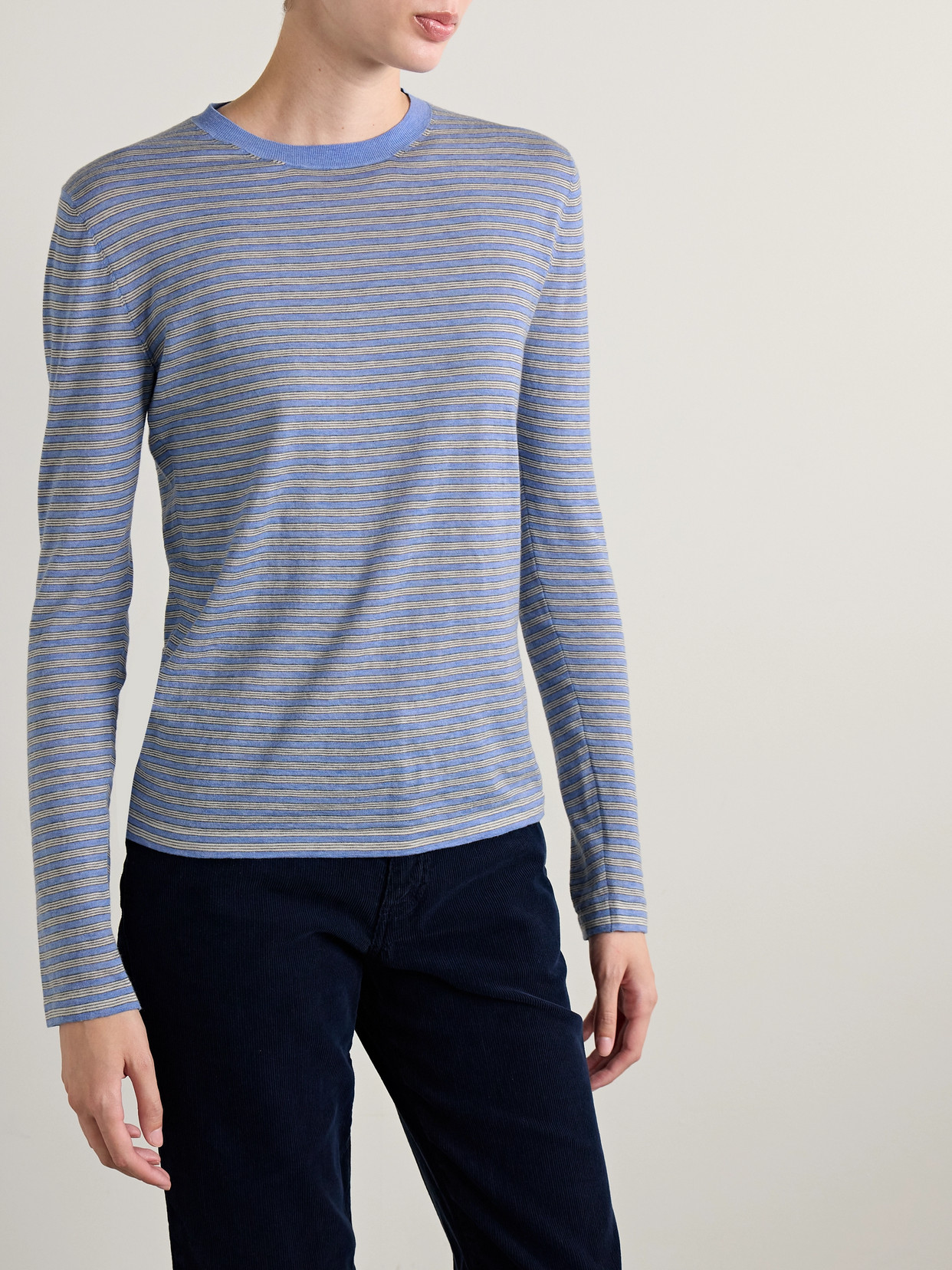 The Row Juhi Striped Cotton And Cashmere-blend Jersey T-shirt In Blue
