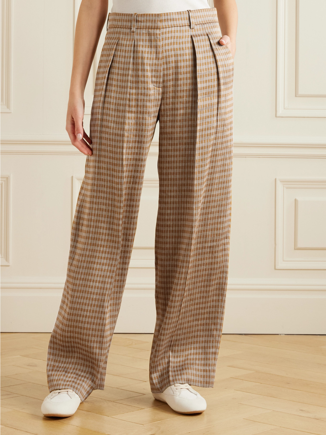 THE ROW SHERRY PLEATED CHECKED LINEN-BLEND WIDE-LEG PANTS