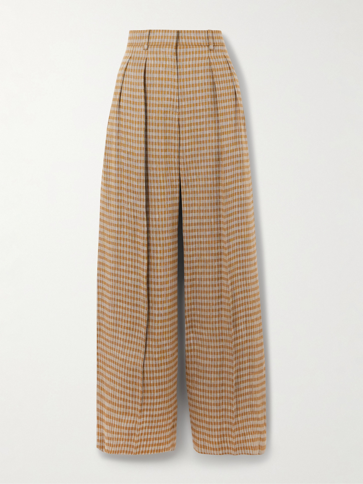 The Row Sherry Pleated Checked Linen-blend Wide-leg Trousers In Brown