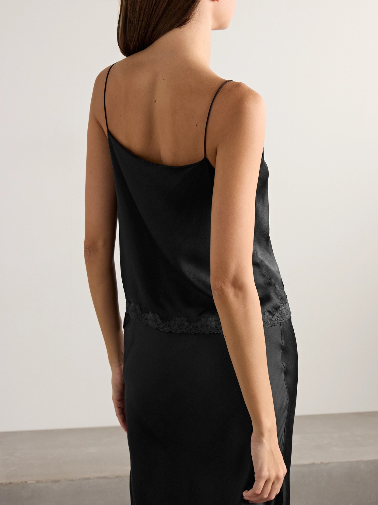 The Row Kilari Cotton-blend Lace-trimmed Silk-charmeuse Camisole In Black
