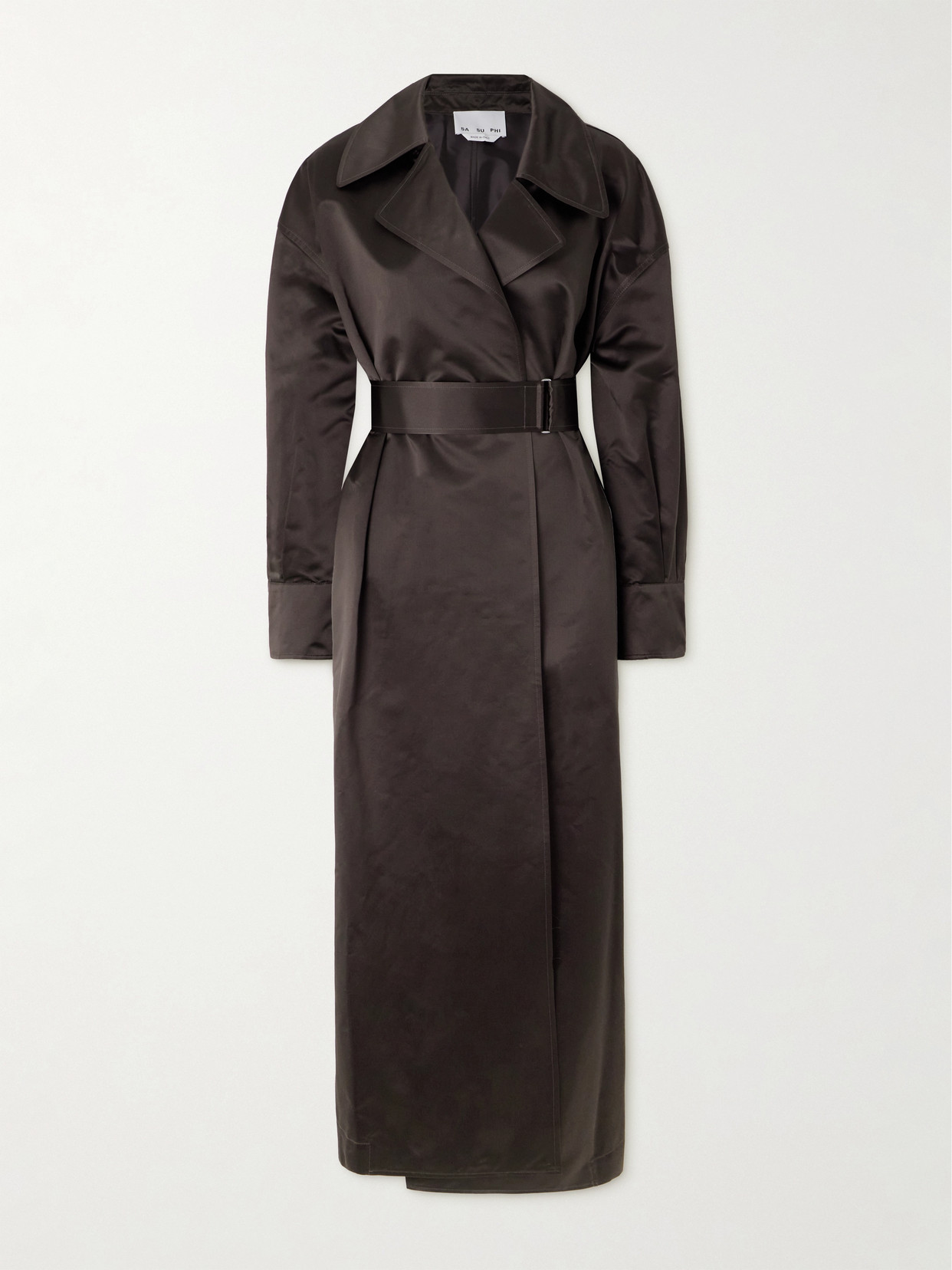 Sasuphi Valentina Belted Silk-satin Trench Coat In Brown