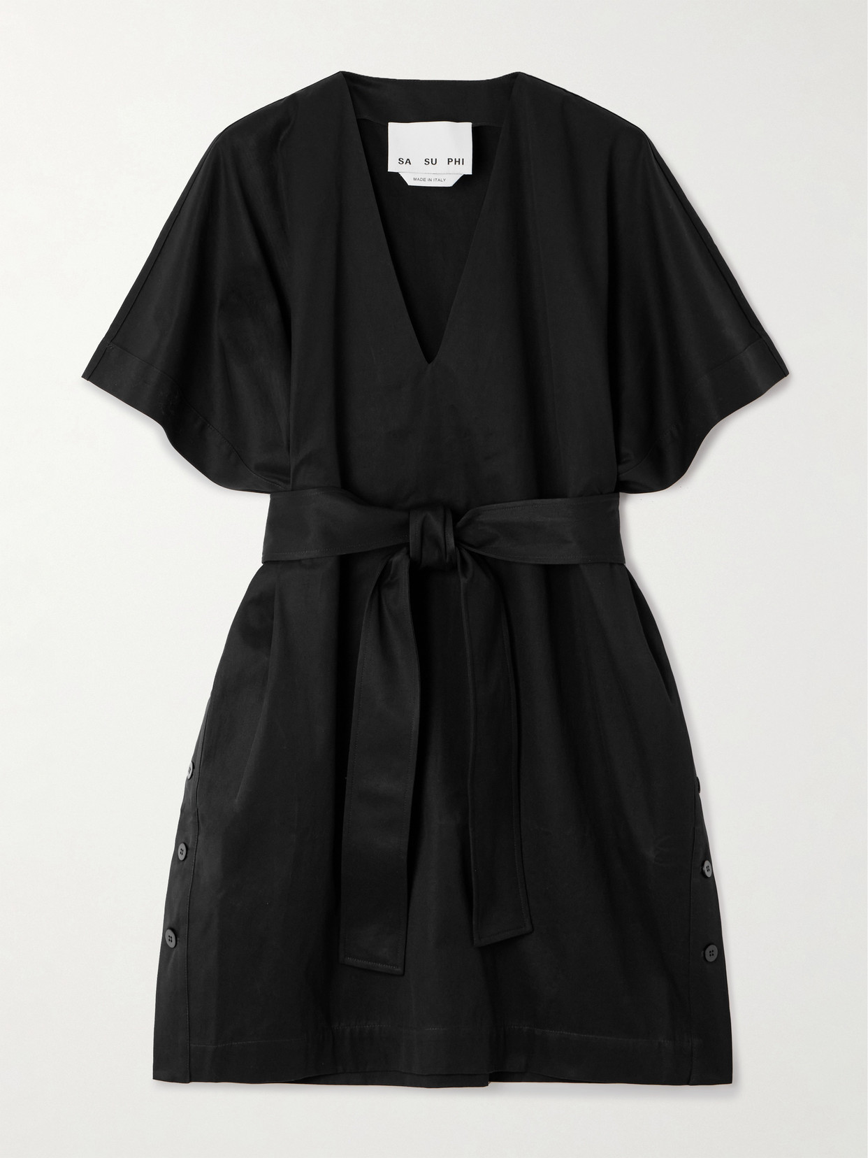 Sasuphi Elettra Belted Cotton-twill Mini Dress In Black