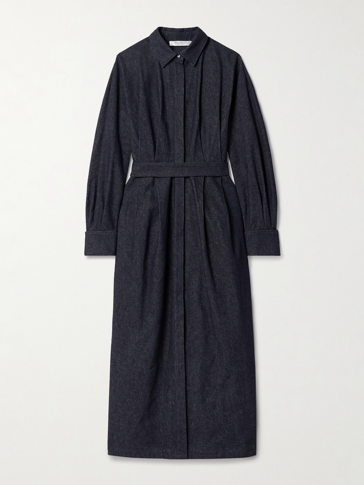 Max Mara - Belted Pleated Denim Midi Shirt Dress - Dark denim