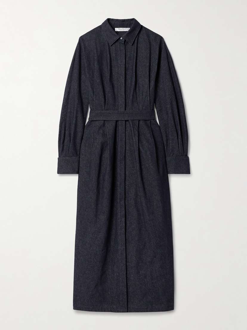 Max Mara Belted Pleated Denim Midi Shirt Dress