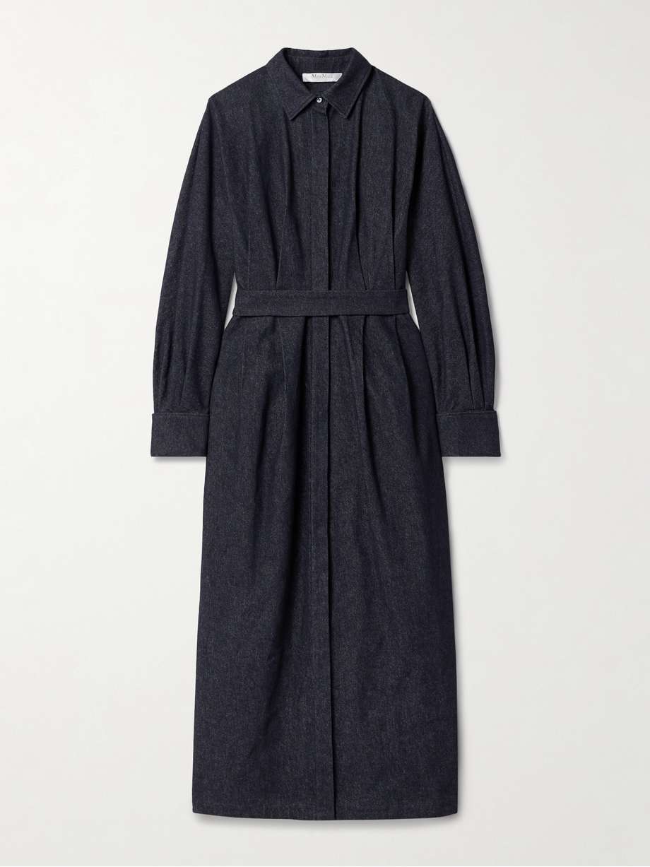 belted pleated denim midi shirt dress