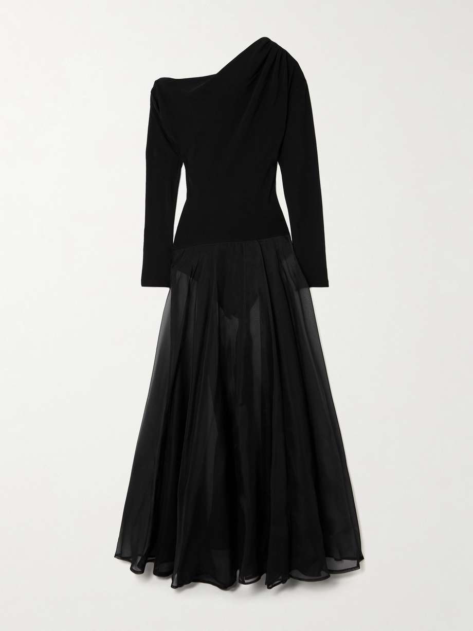 aire twist asymmetric cutout stretch-knit and silk-organza maxi dress