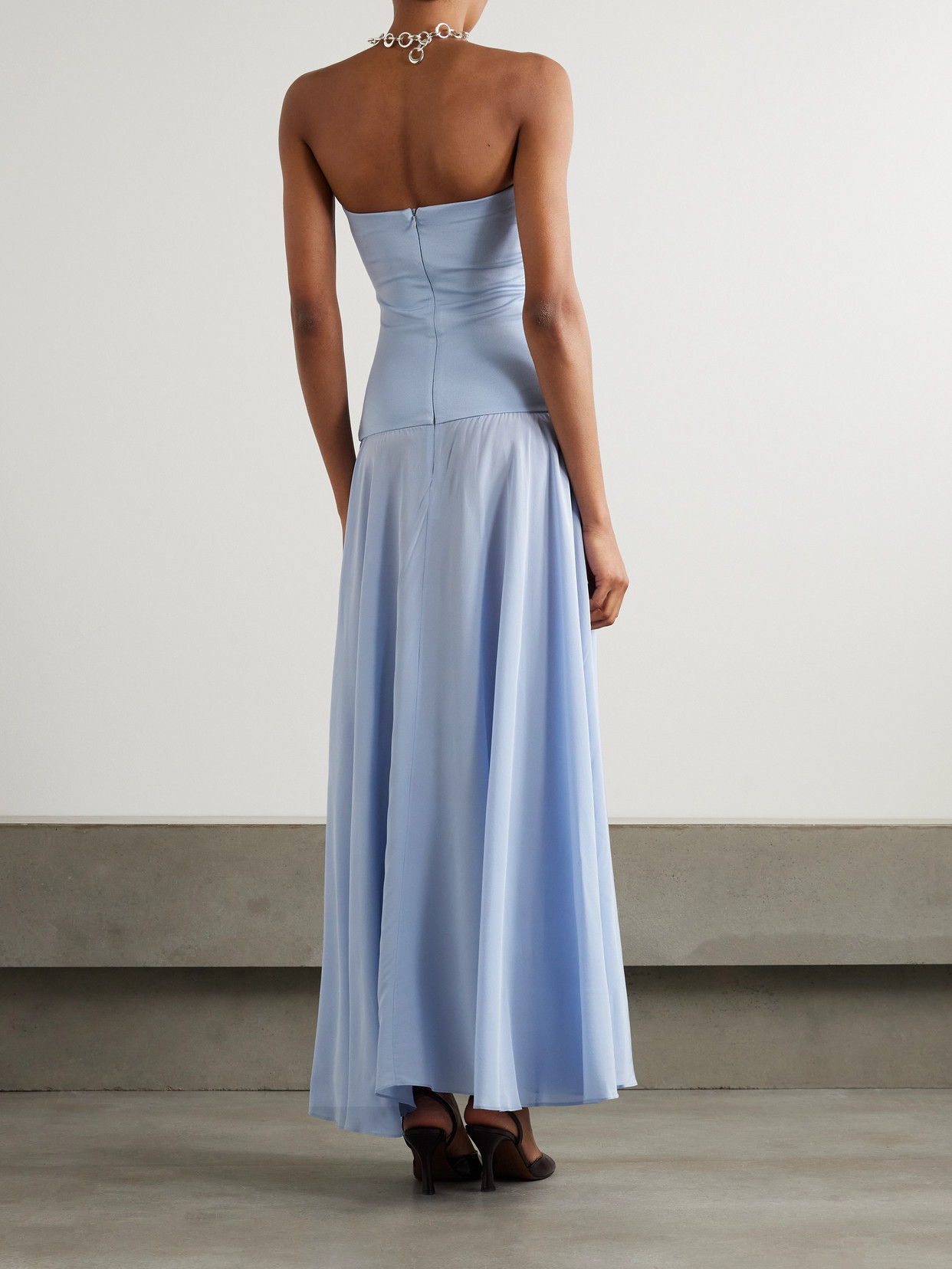 Esse Studios Illi Strapless Stretch-knit And Silk-crepe Maxi Dress In Blue