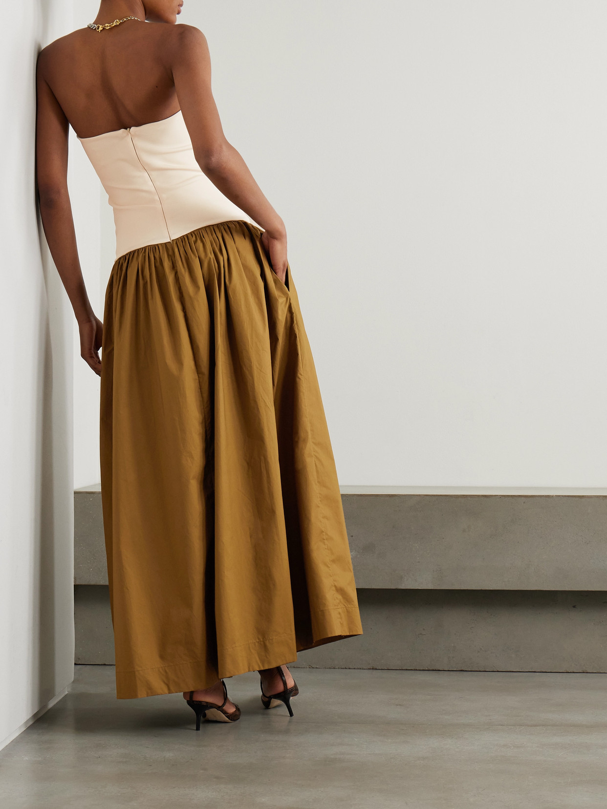 Esse Studios Duo Strapless Stretch-knit And Organic Cotton-poplin Maxi Dress In Brown