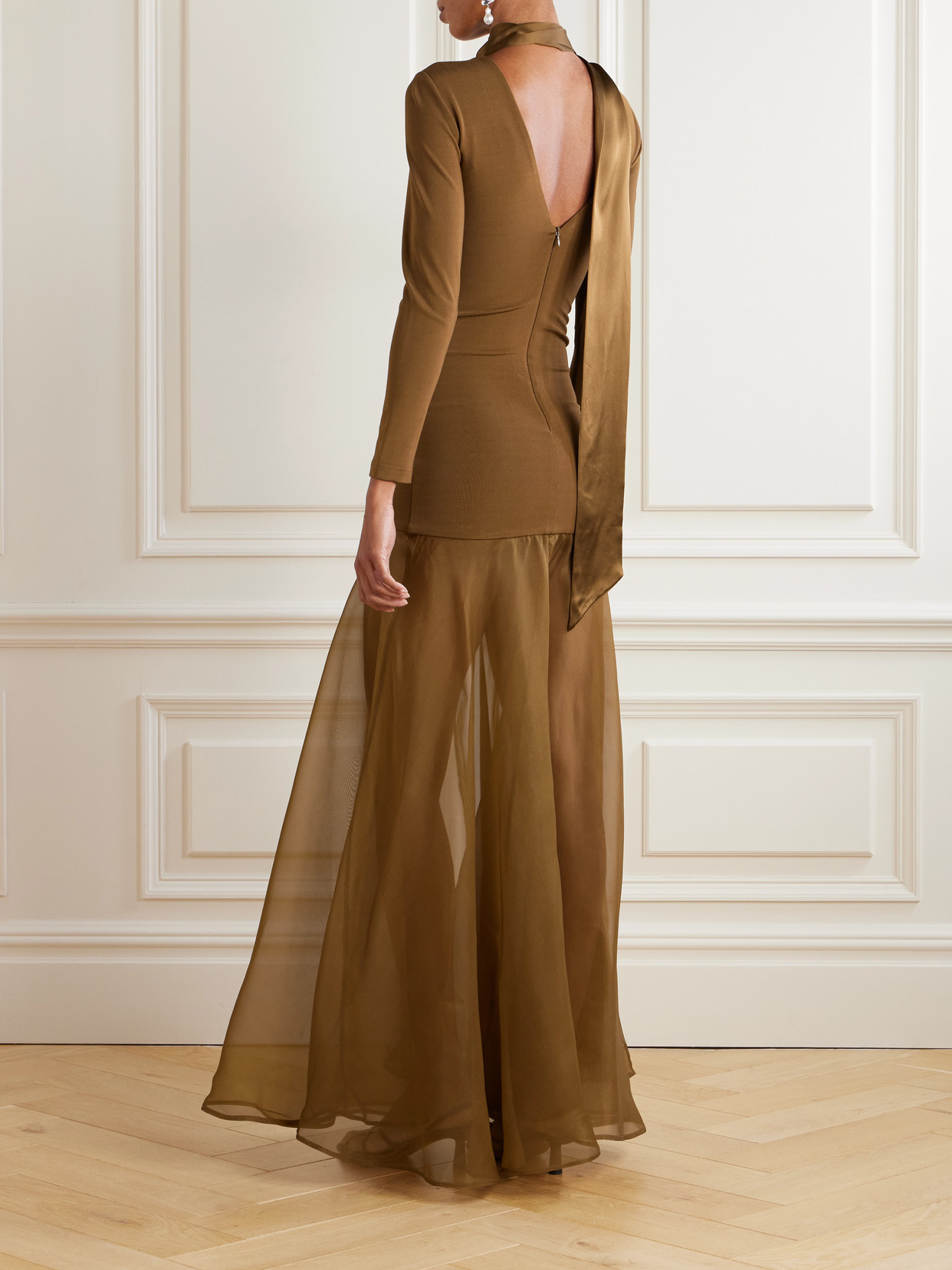 Esse Studios Aire Scarf-effect Satin-trimmed Stretch-knit And Silk-organza Maxi Dress In Brown
