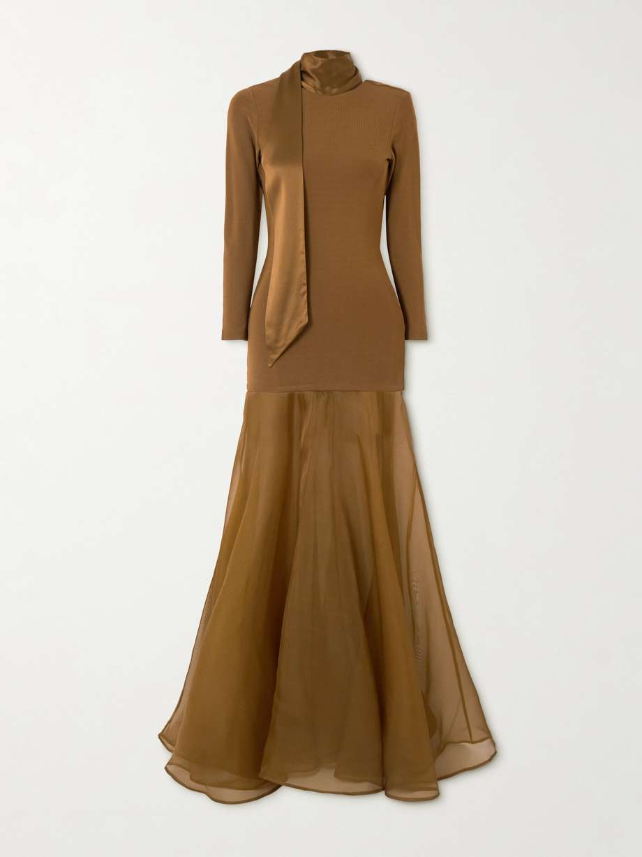 aire scarf-effect satin-trimmed stretch-knit and silk-organza maxi dress