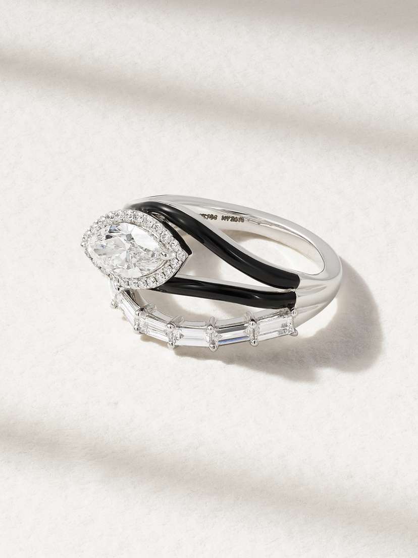 Kamyen Wave 18-karat White Gold, Diamond And Enamel Ring