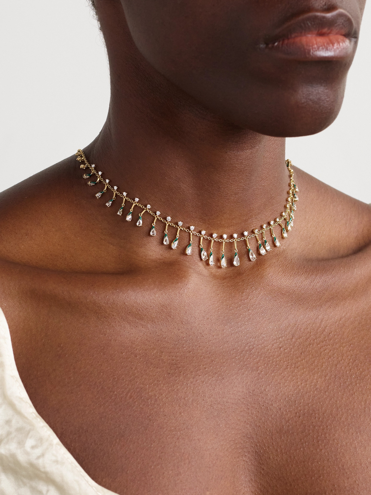 Kamyen Golden Drop 18-karat Gold, Diamond And Enamel Necklace In Green
