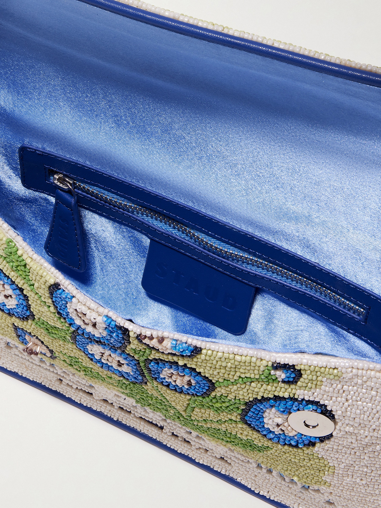 Staud Tommy Vegan-trimmed Bead-embellished Embroidered Satin Shoulder Bag In Cream