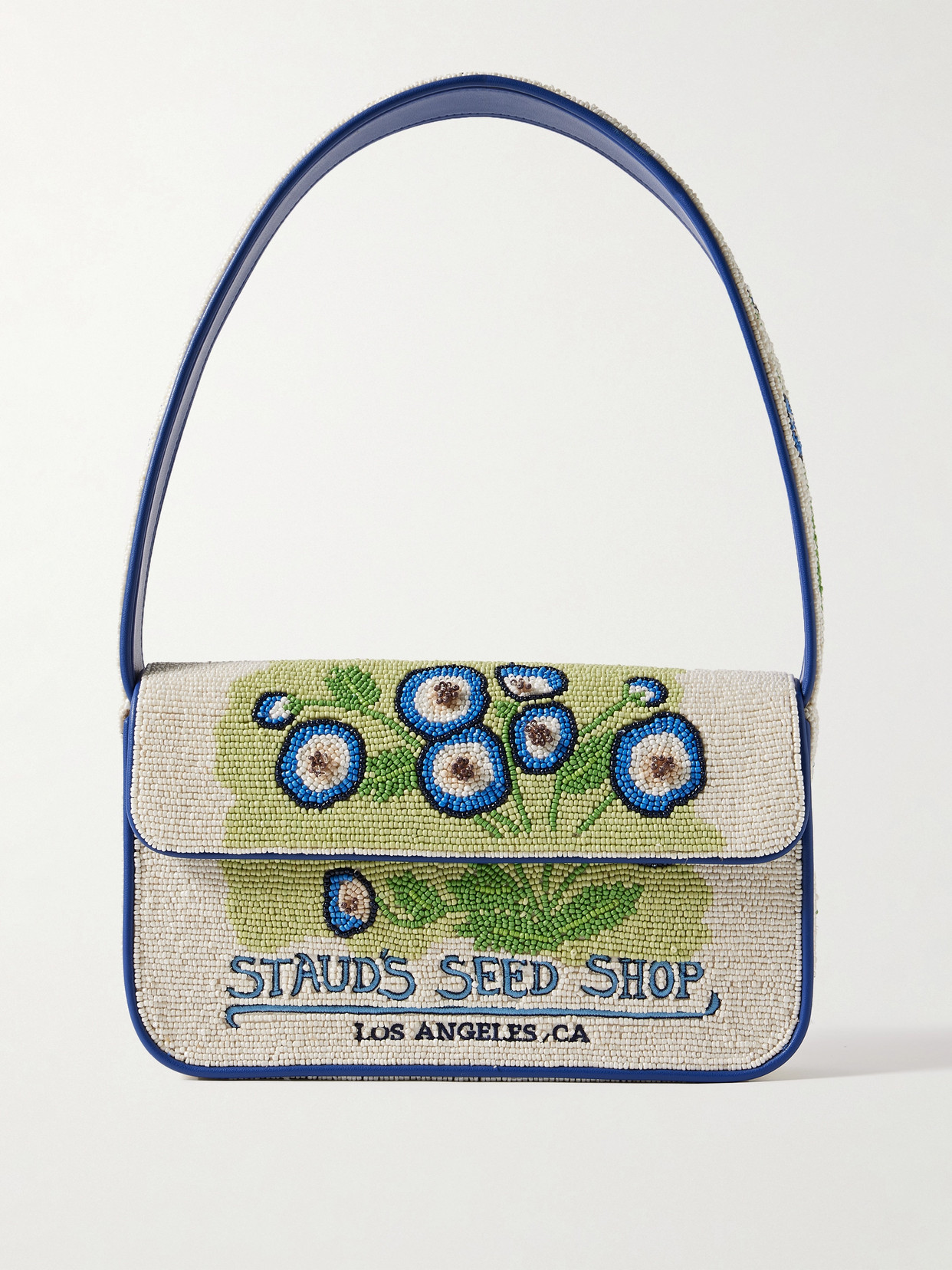 Staud Tommy Vegan-trimmed Bead-embellished Embroidered Satin Shoulder Bag In Cream