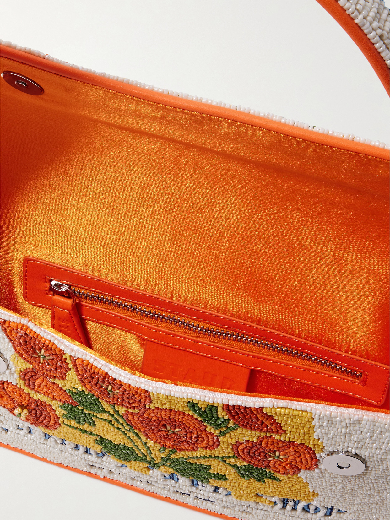 Staud Tommy Vegan-trimmed Bead-embellished Embroidered Satin Shoulder Bag In Multi