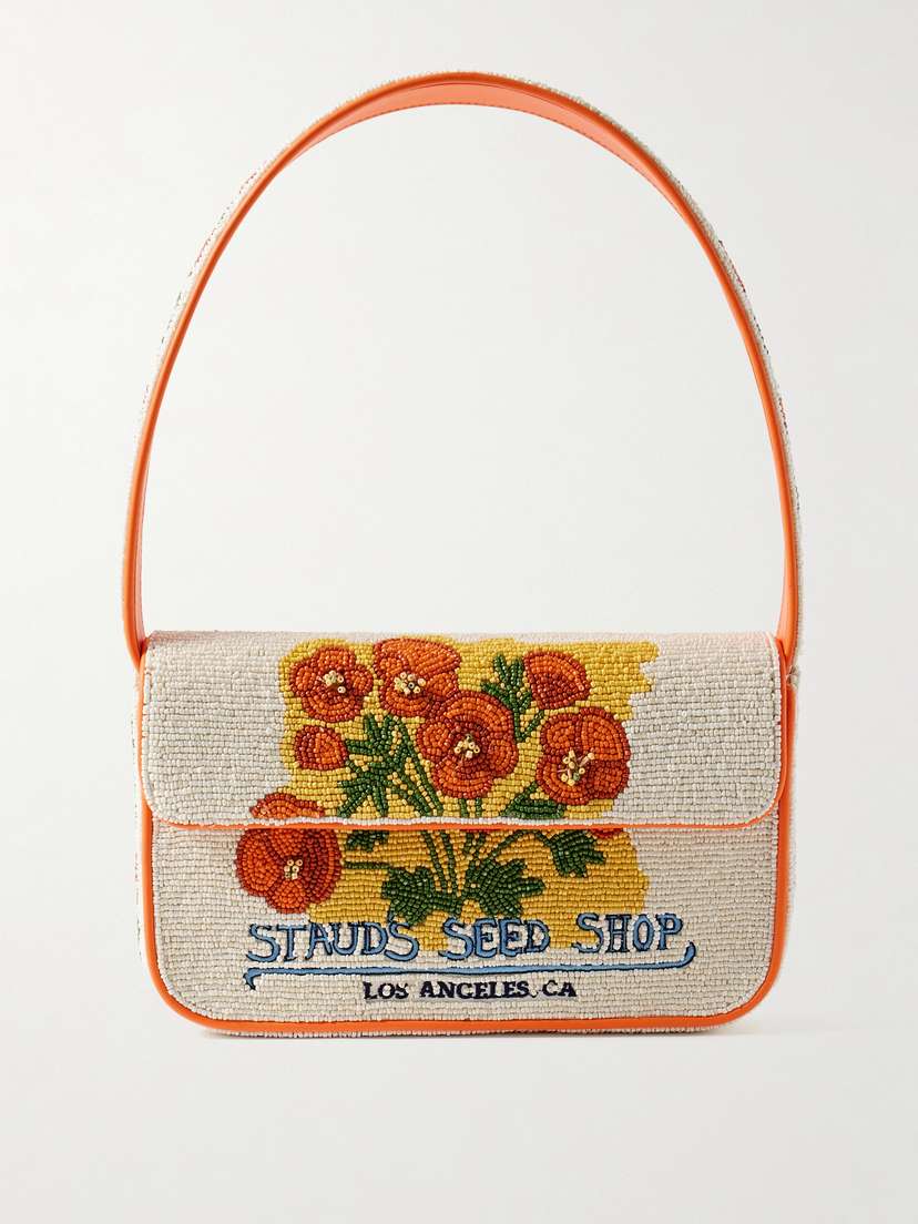 Staud Tommy Vegan-trimmed Bead-embellished Embroidered Satin Shoulder Bag