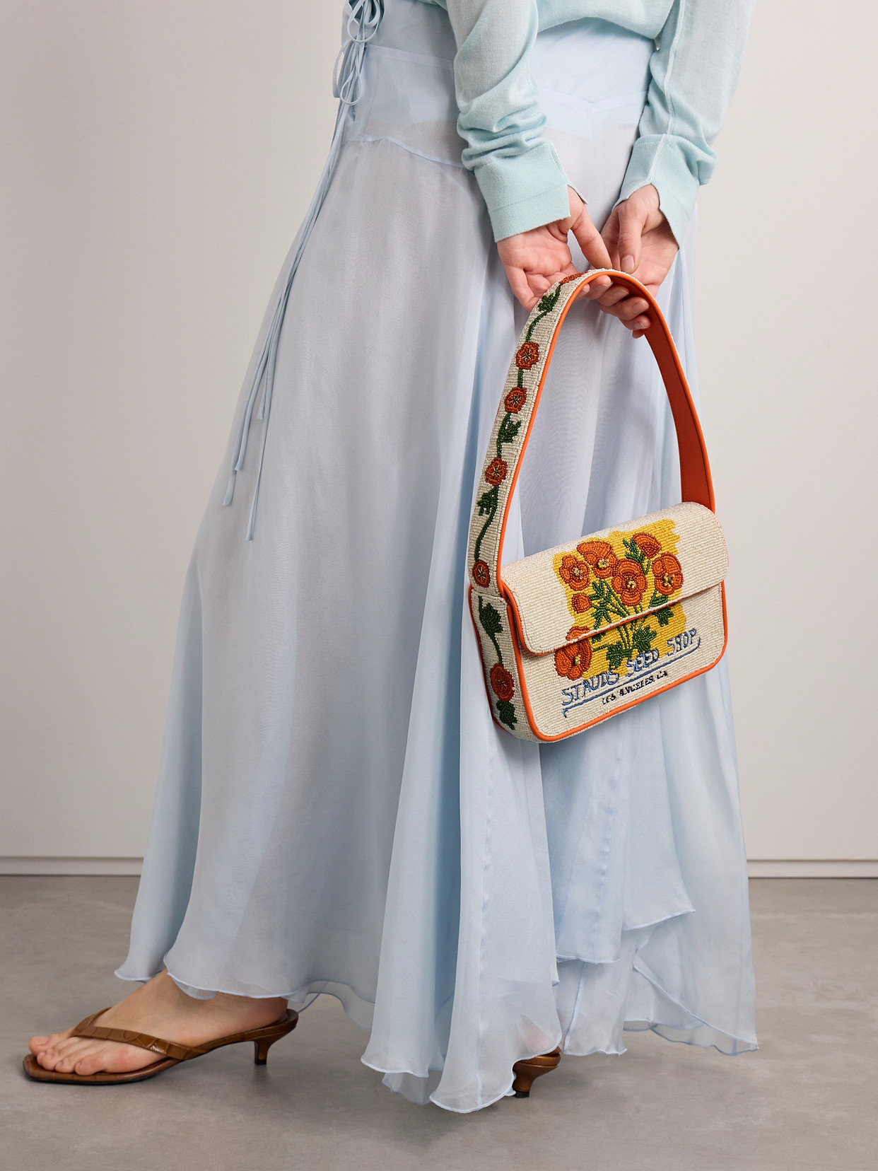 Staud Tommy Vegan-trimmed Bead-embellished Embroidered Satin Shoulder Bag In Multi