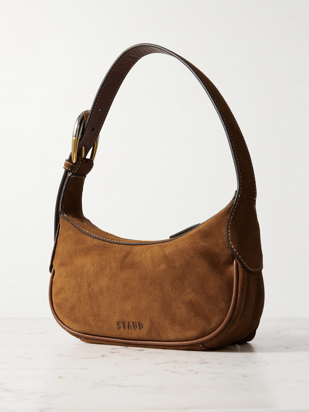 Staud Owen Leather-trimmed Fringed Suede Shoulder Bag In Brown
