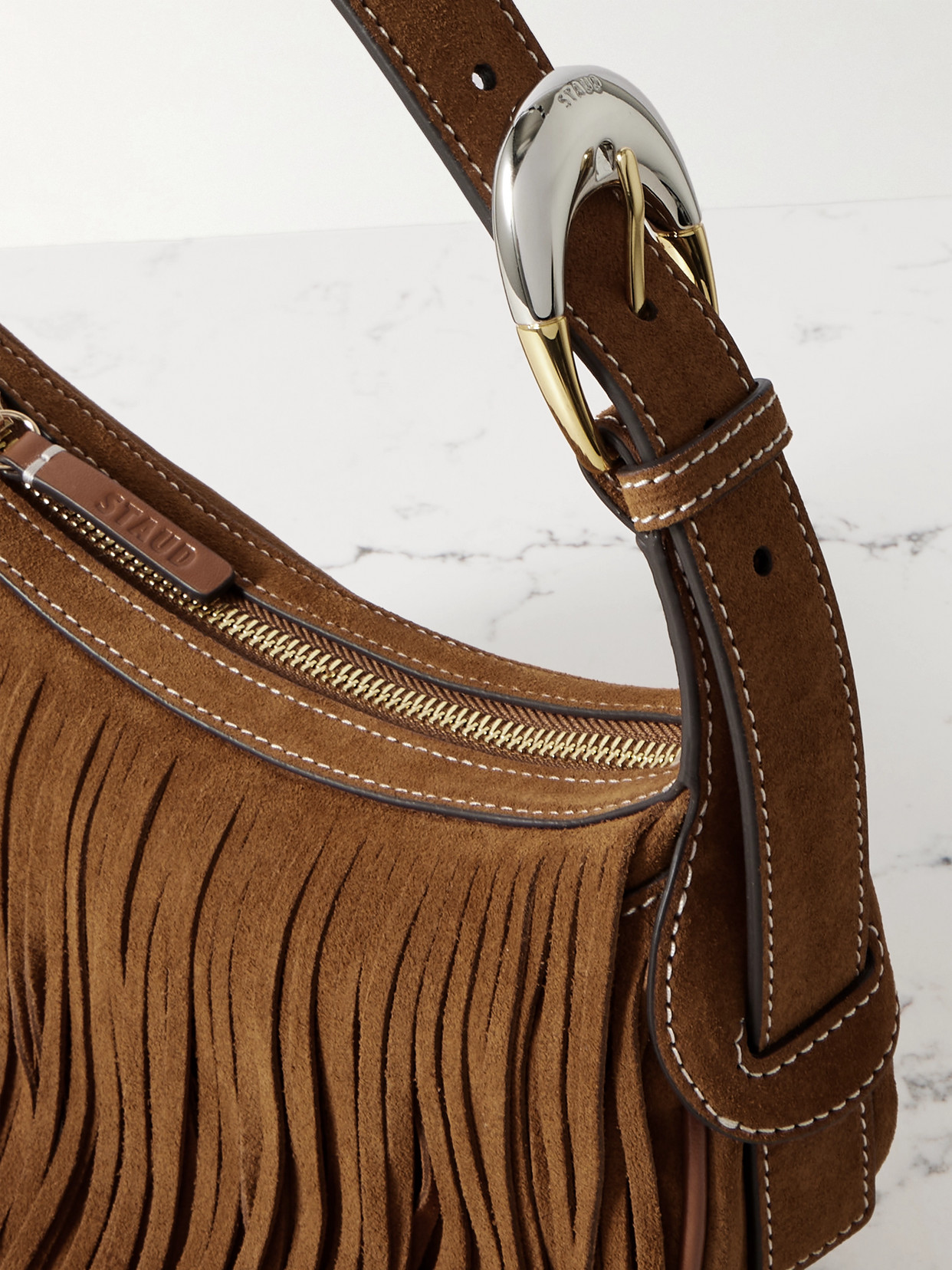 Staud Owen Leather-trimmed Fringed Suede Shoulder Bag In Brown