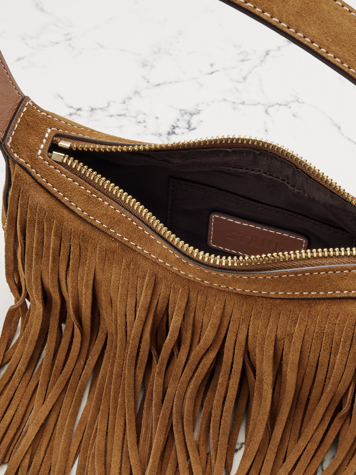 Staud Owen Leather-trimmed Fringed Suede Shoulder Bag In Brown