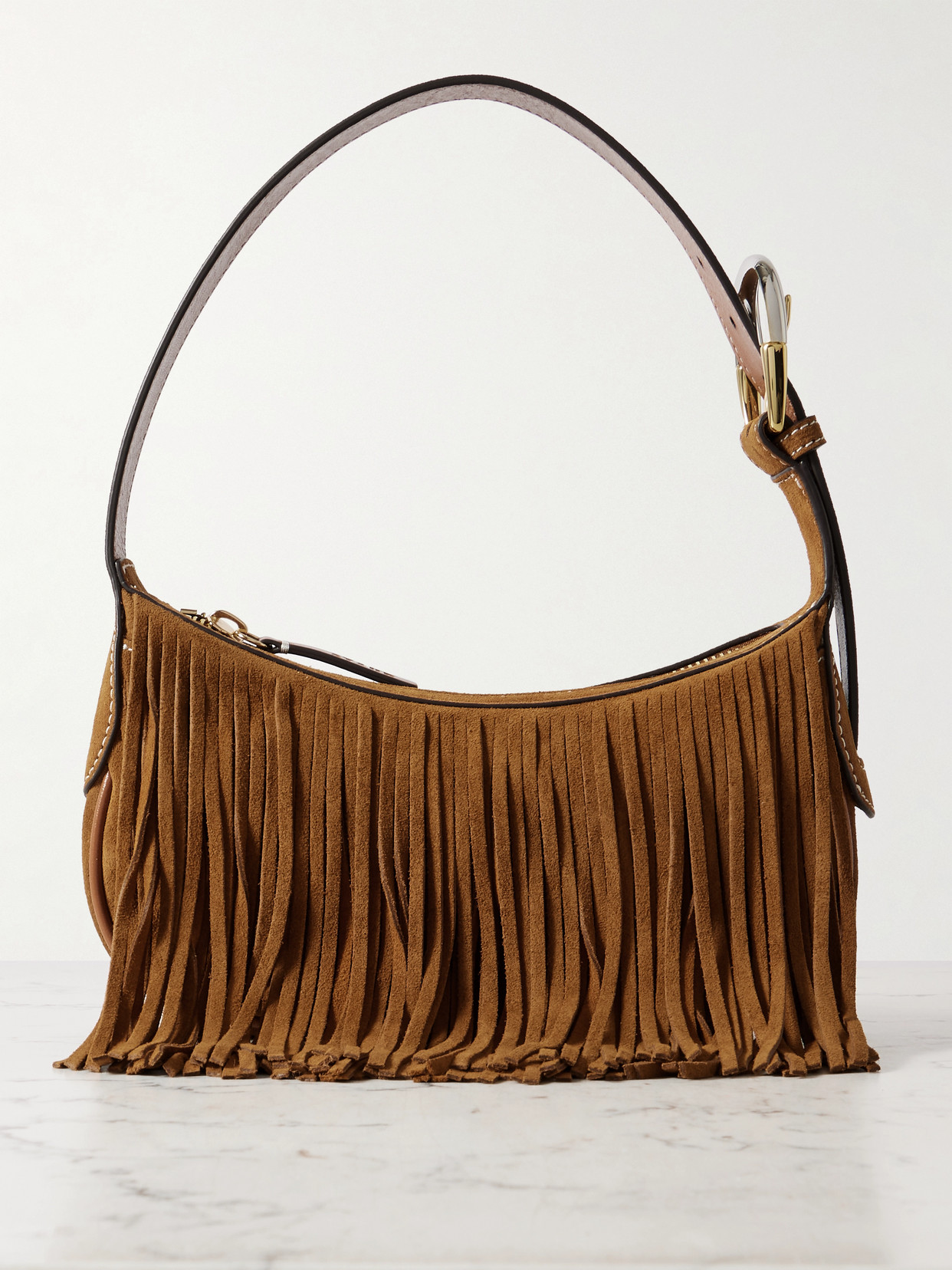 Staud Owen Leather-trimmed Fringed Suede Shoulder Bag In Brown