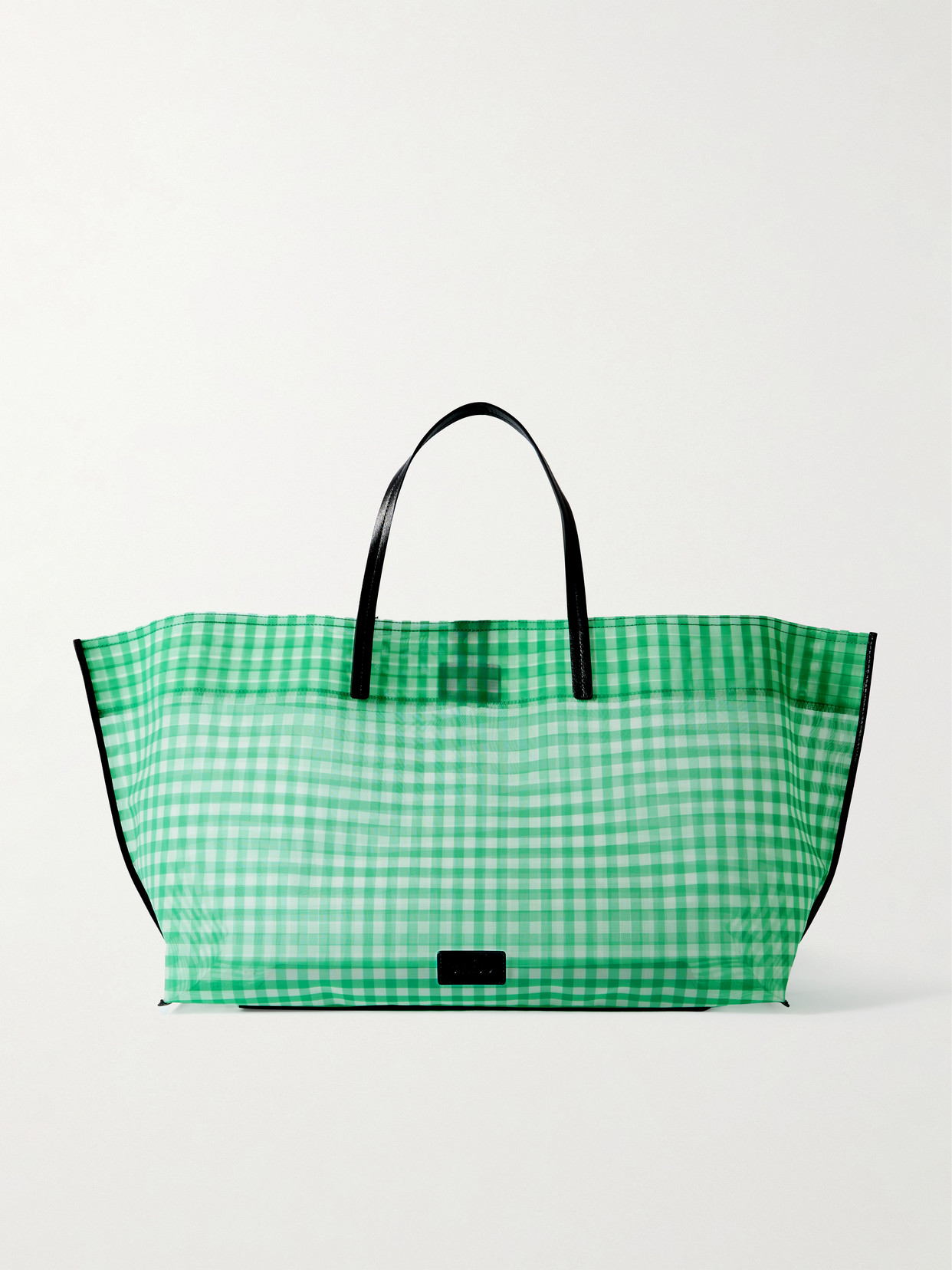 Staud Christos Large Leather-trimmed Gingham Mesh Tote In Green