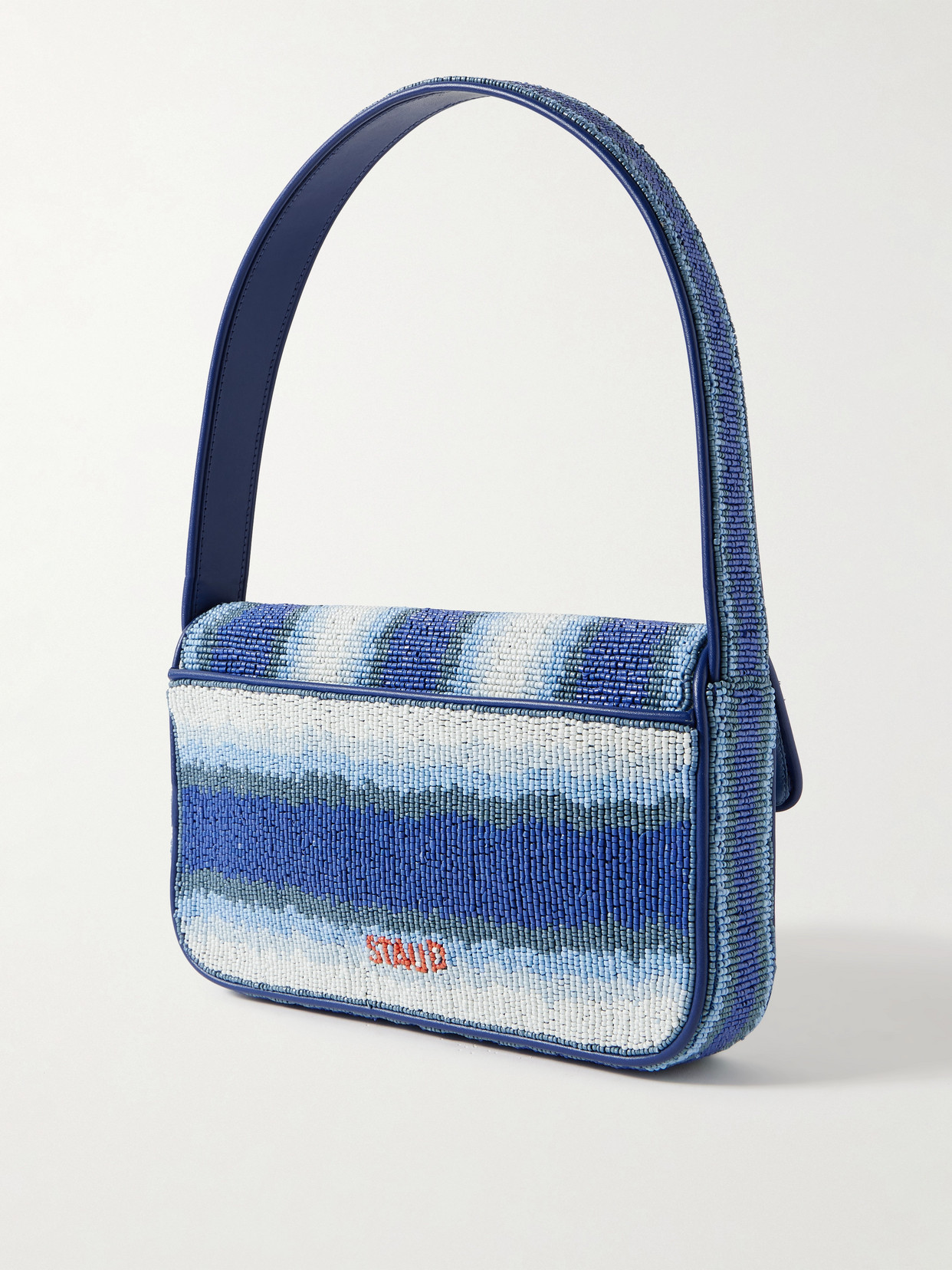 Staud Tommy Vegan-trimmed Bead-embellished Embroidered Satin Shoulder Bag In Blue