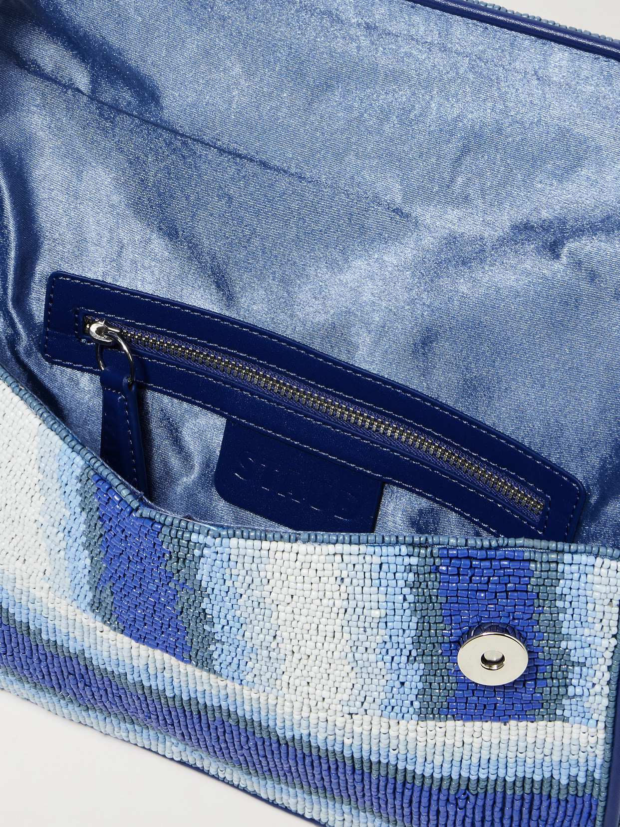 Staud Tommy Vegan-trimmed Bead-embellished Embroidered Satin Shoulder Bag In Blue