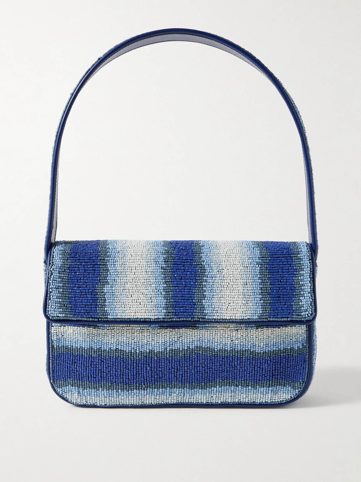 Staud Tommy Vegan-trimmed Bead-embellished Embroidered Satin Shoulder Bag In Blue
