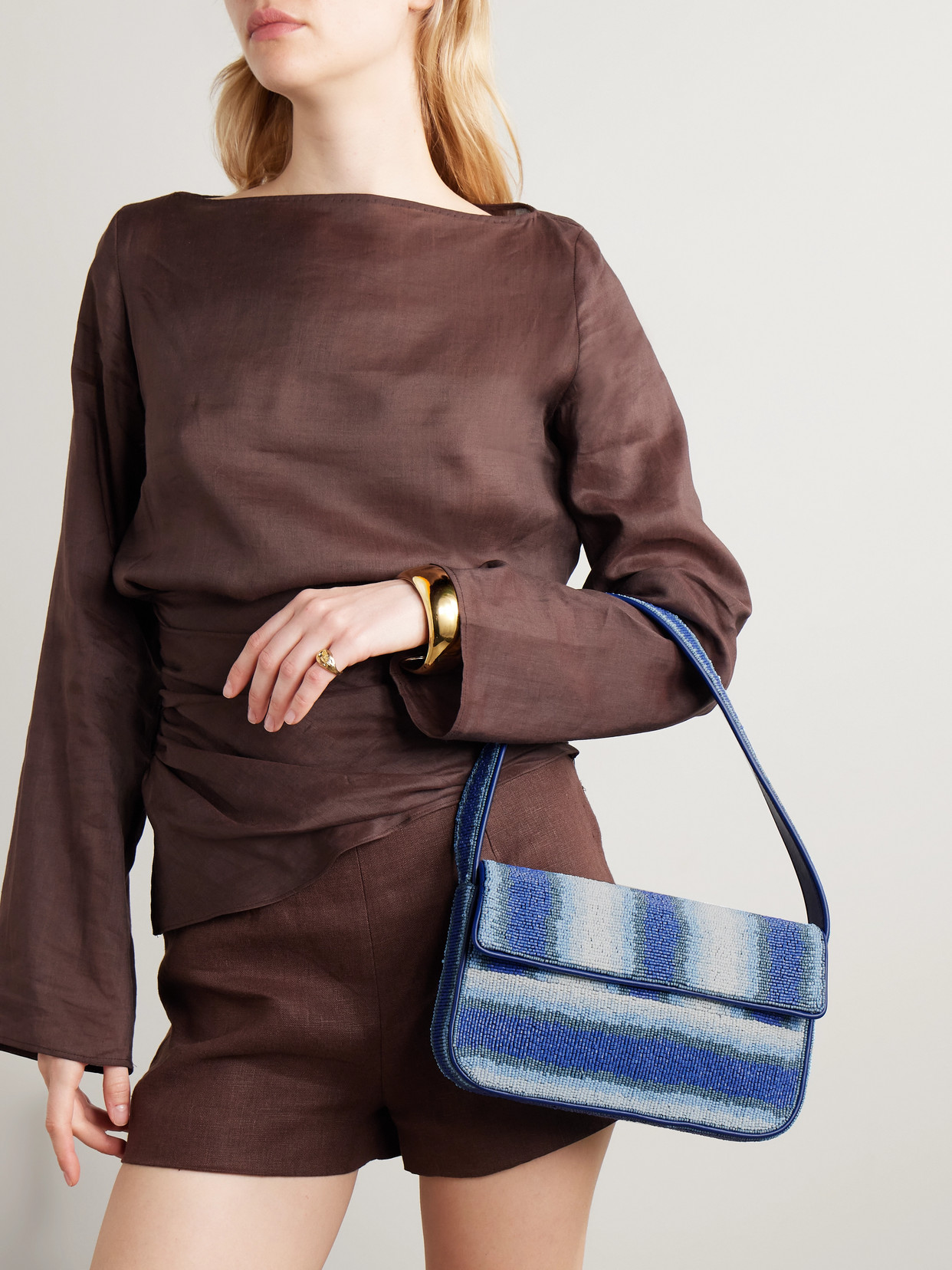 Staud Tommy Vegan-trimmed Bead-embellished Embroidered Satin Shoulder Bag In Blue