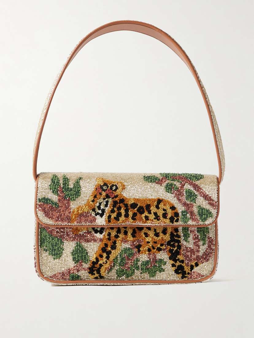 Staud Tommy Vegan-trimmed Bead-embellished Embroidered Satin Shoulder Bag