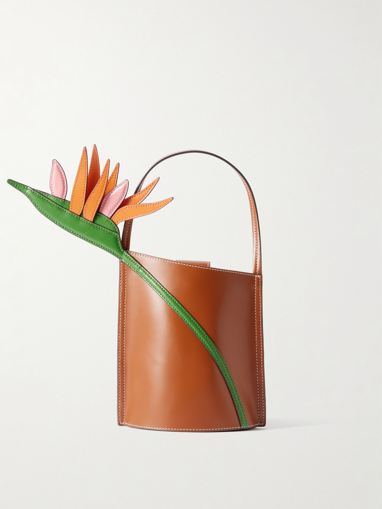 Staud The Bird Of Paradise Appliquéd Leather Bucket Bag In Brown
