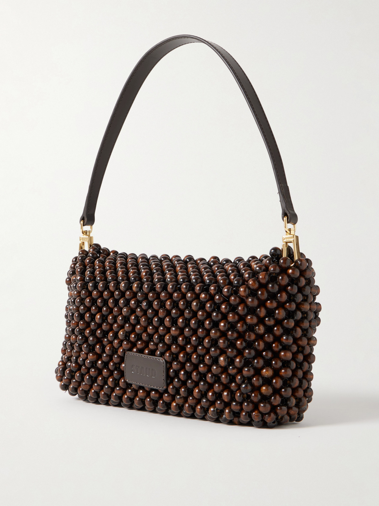 Staud Timmy Leather-trimmed Beaded Mesh Shoulder Bag In Brown