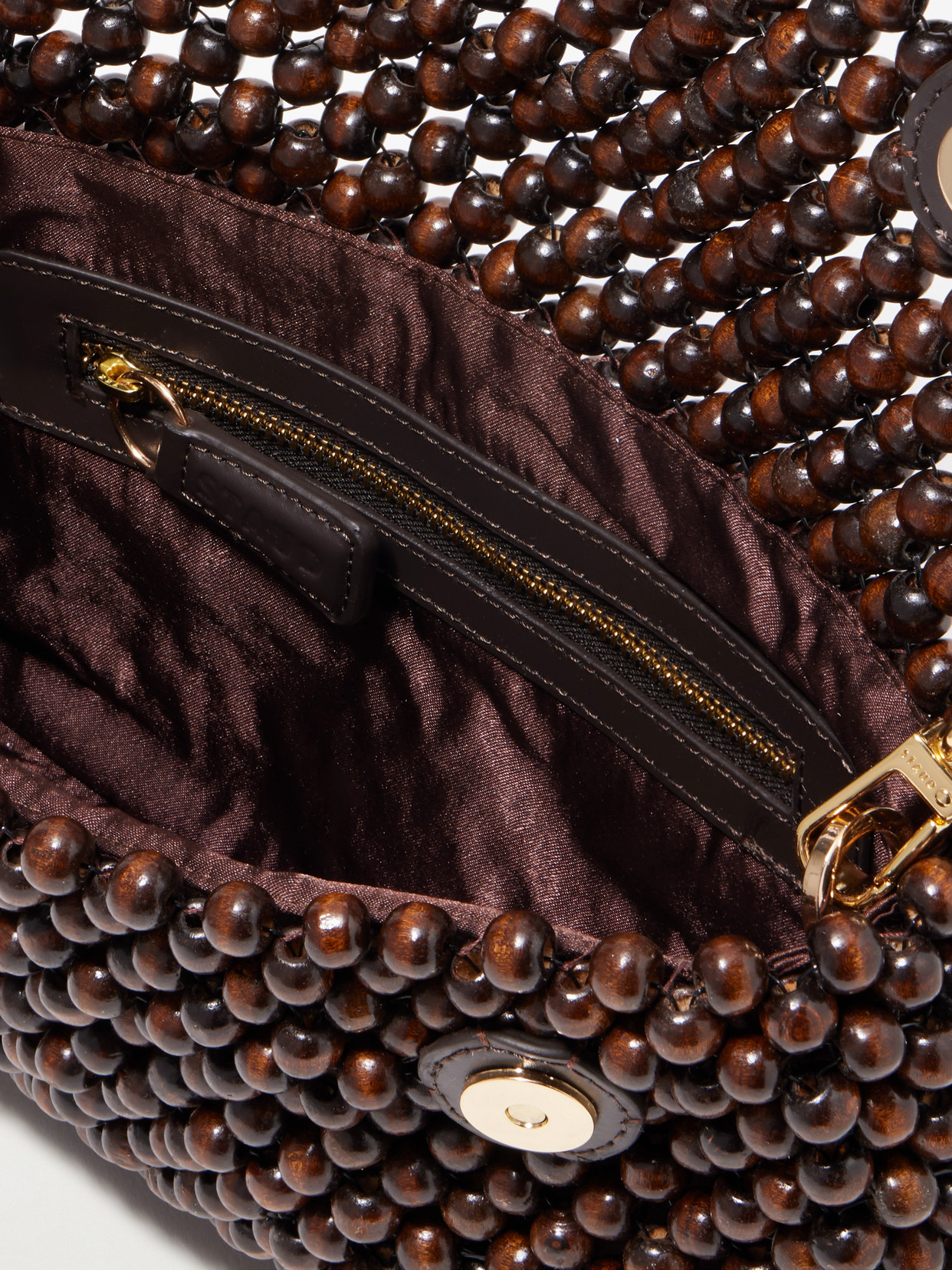 Staud Timmy Leather-trimmed Beaded Mesh Shoulder Bag In Brown