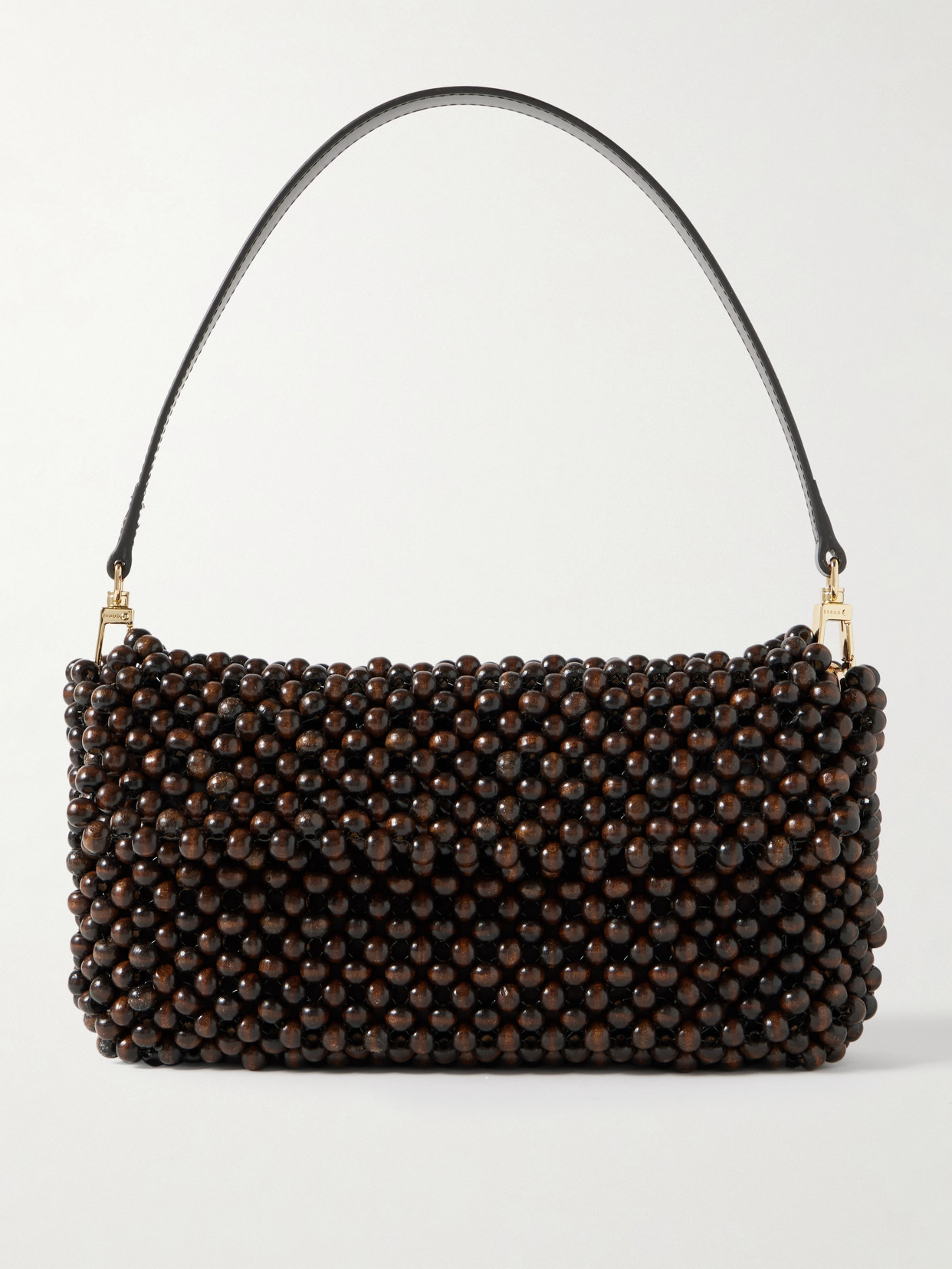 Staud Timmy Leather-trimmed Beaded Mesh Shoulder Bag In Brown