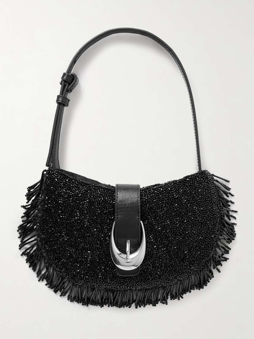 Staud Alana Leather-trimmed Fringed Beaded Satin Shoulder Bag