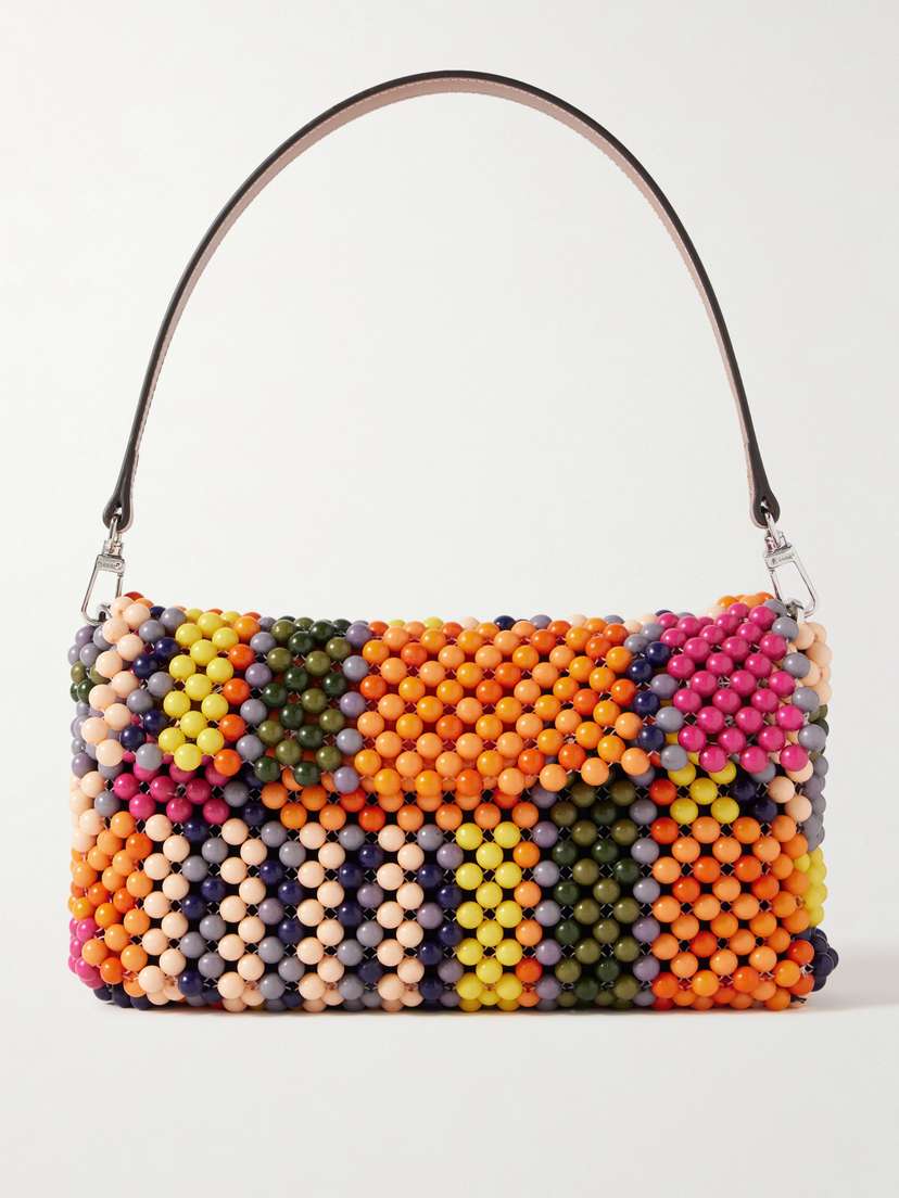 Staud Timmy Leather-trimmed Beaded Mesh Shoulder Bag