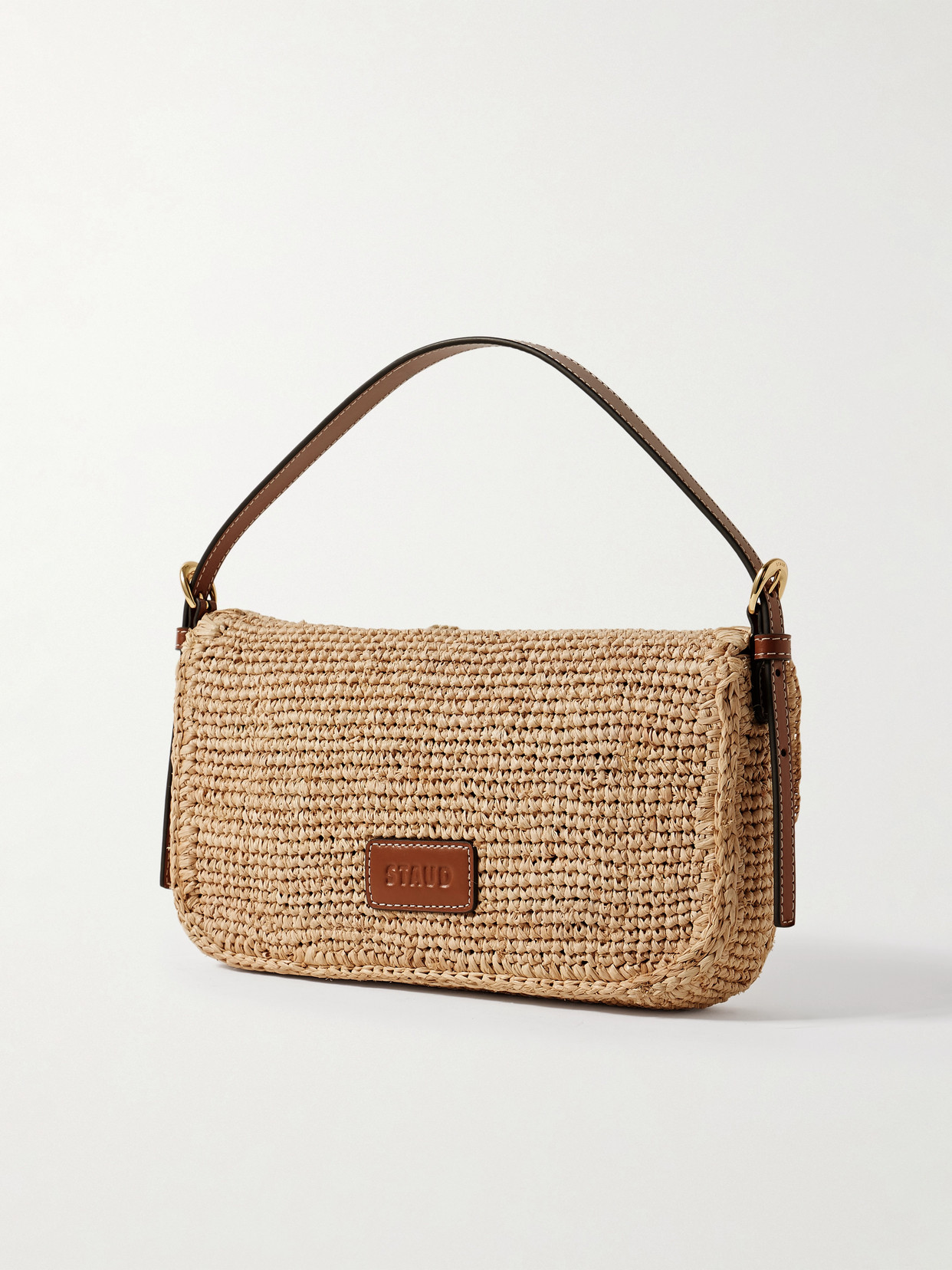 Staud Harlow Buckled Leather-trimmed Raffia Shoulder Bag In Neutrals