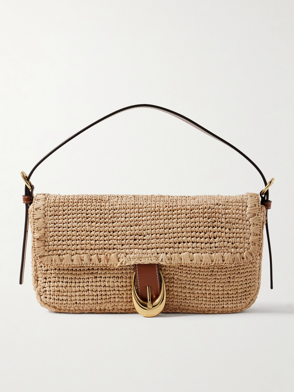Staud Harlow Buckled Leather-trimmed Raffia Shoulder Bag In Neutrals