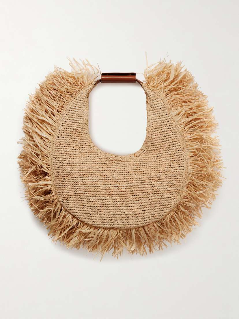 Staud Moon Large Leather-trimmed Fringed Raffia Tote
