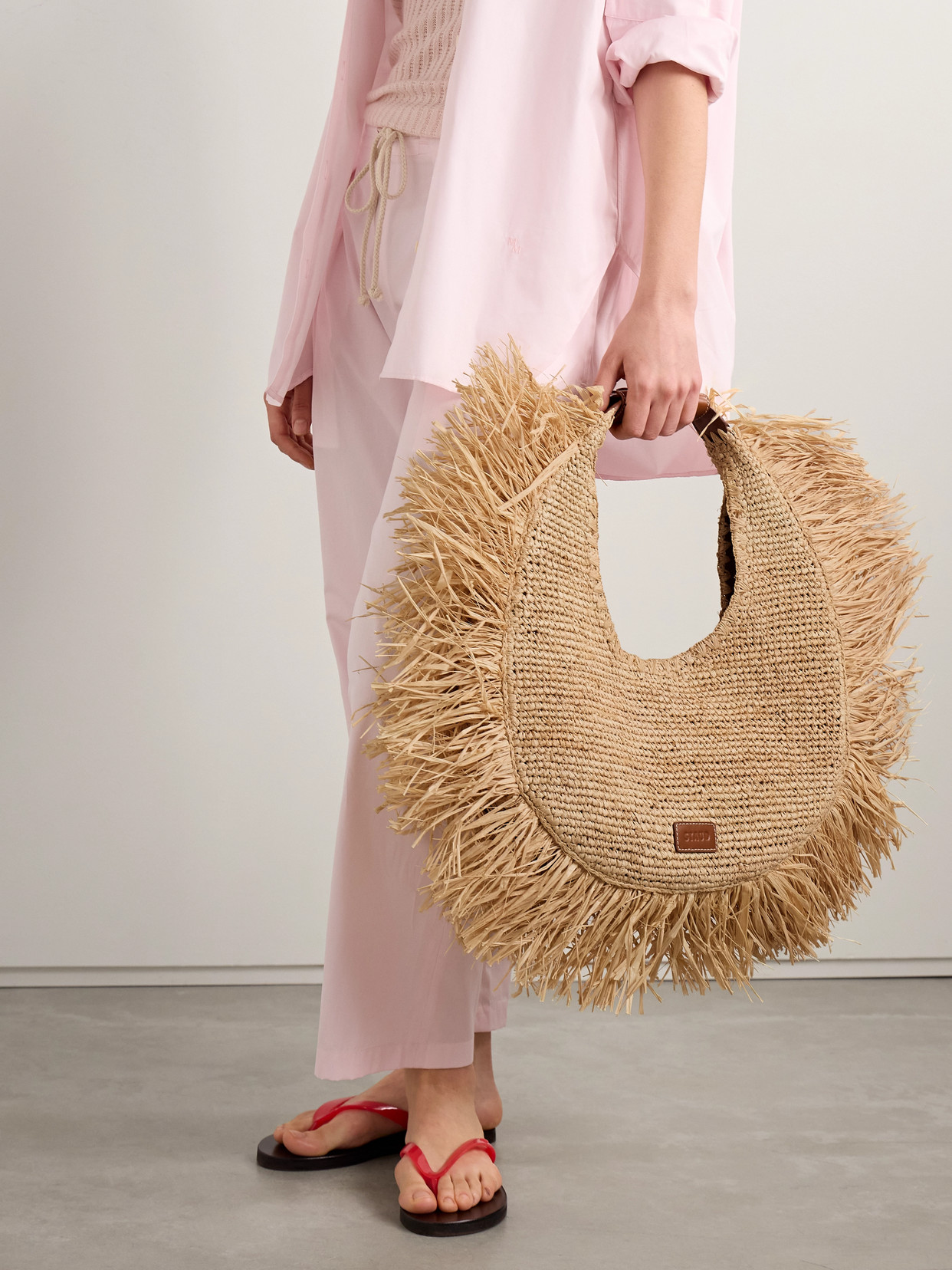 Staud Large Moon Fringe Raffia Top Handle Tote In Neutrals