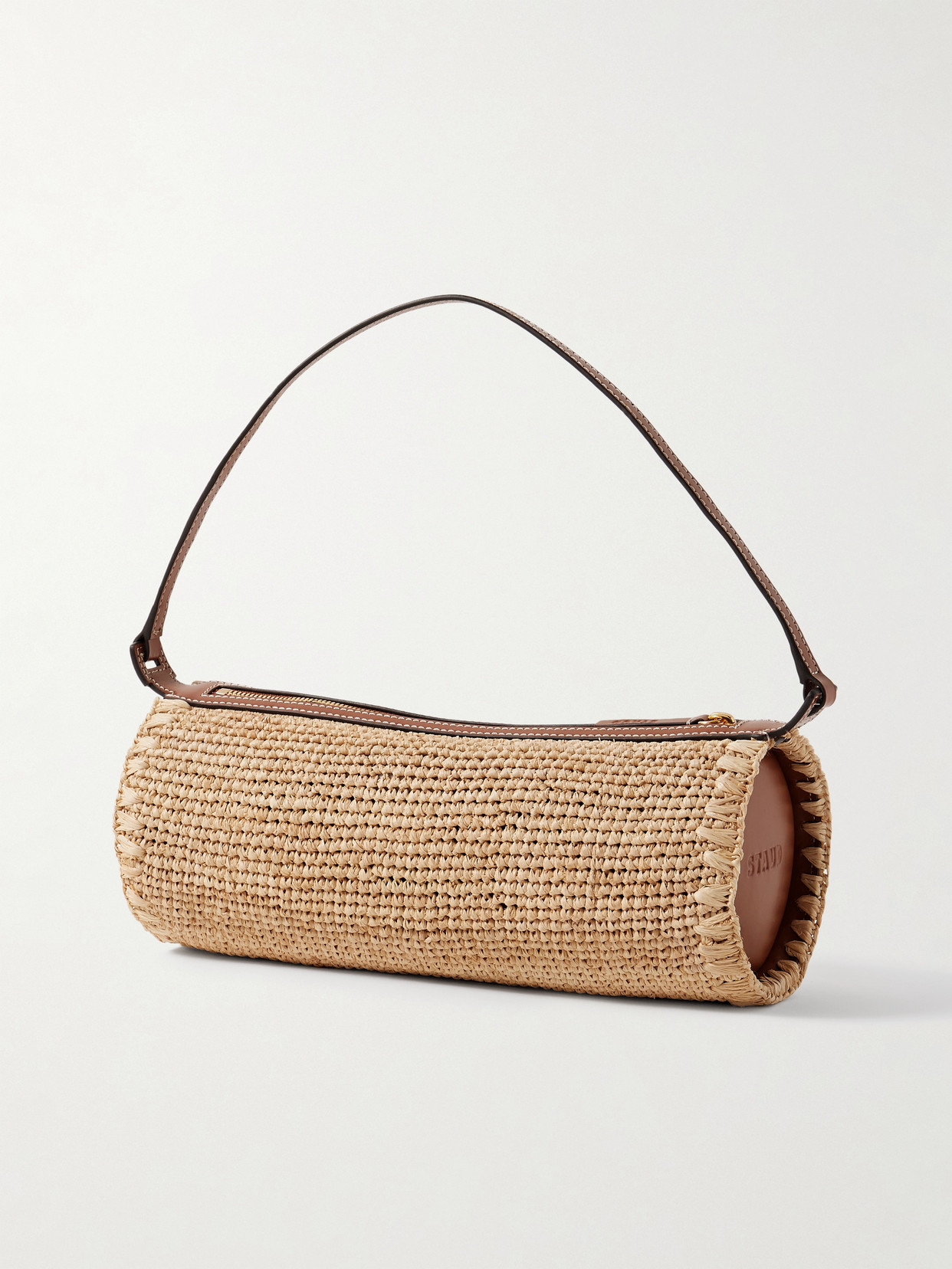 Staud Taru Mini Leather-trimmed Raffia Shoulder Bag In Neutrals