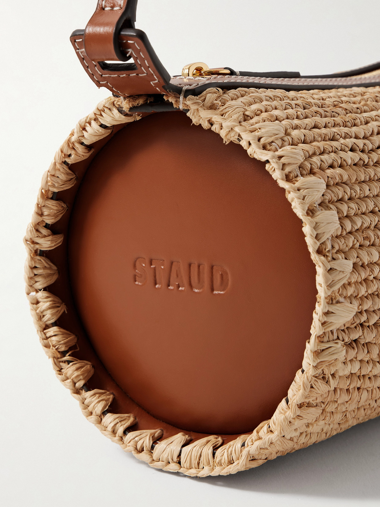 Staud Taru Mini Leather-trimmed Raffia Shoulder Bag In Neutrals