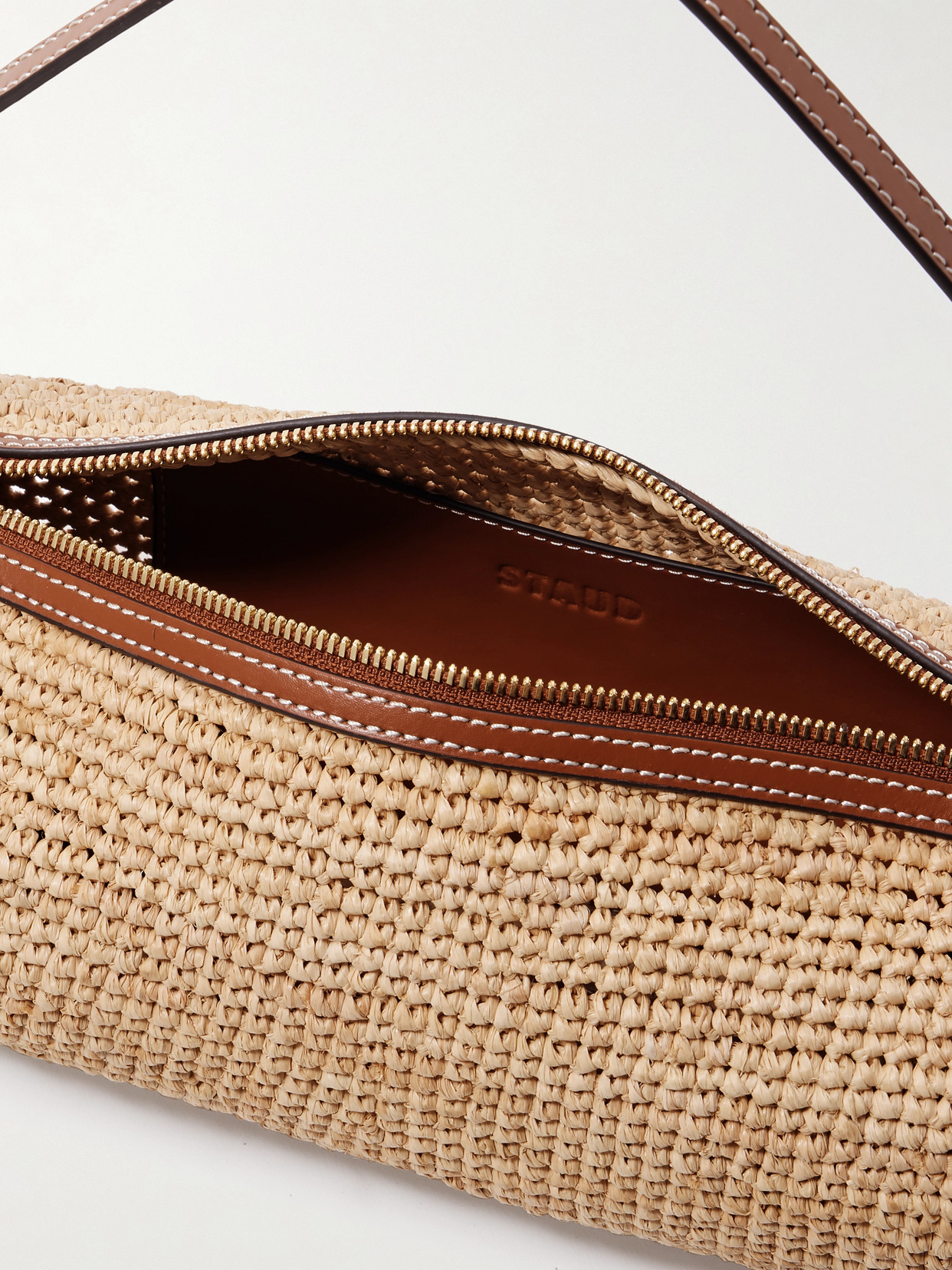 Staud Taru Mini Leather-trimmed Raffia Shoulder Bag In Neutrals