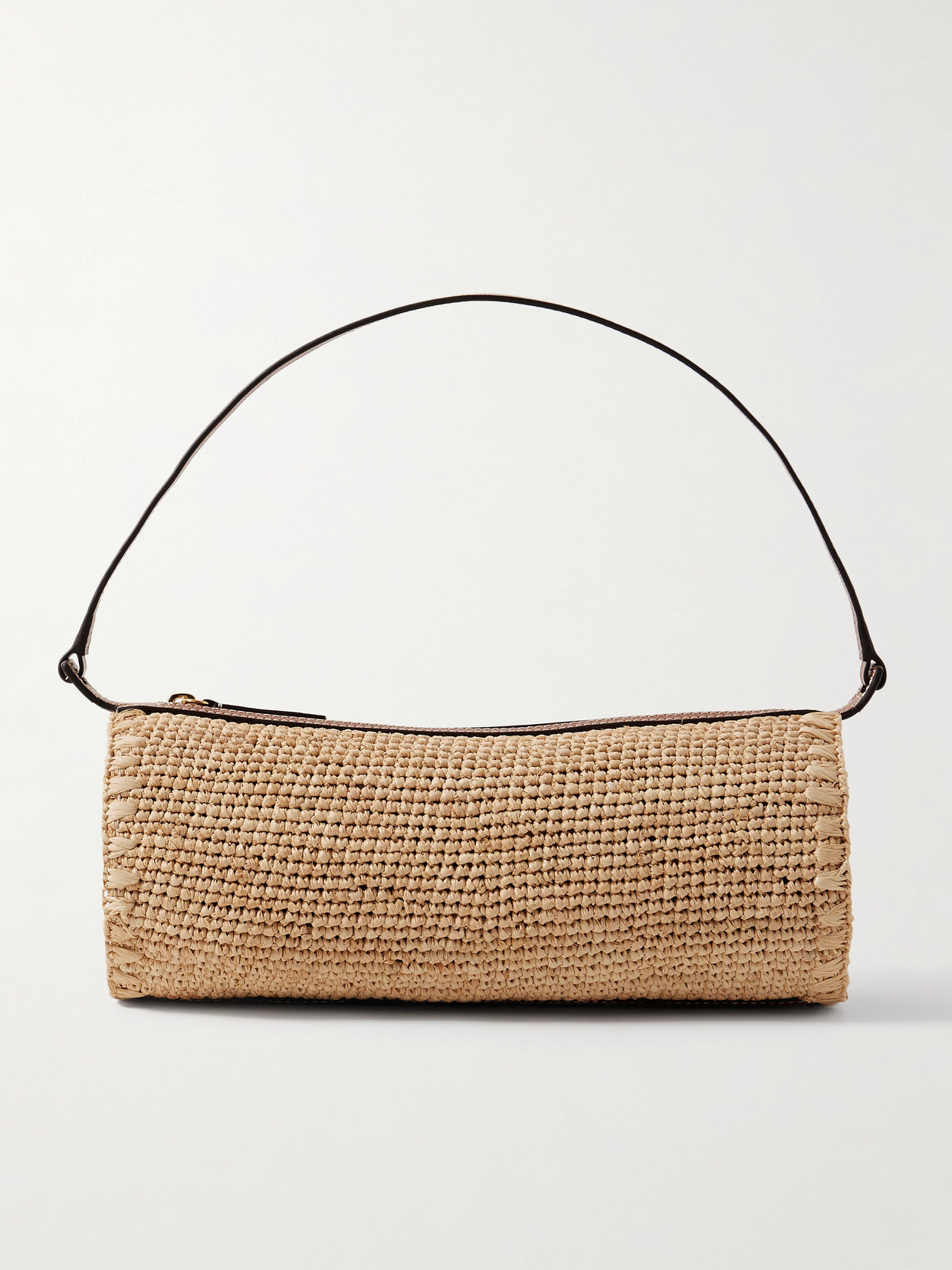 Staud Taru Mini Leather-trimmed Raffia Shoulder Bag In Neutrals