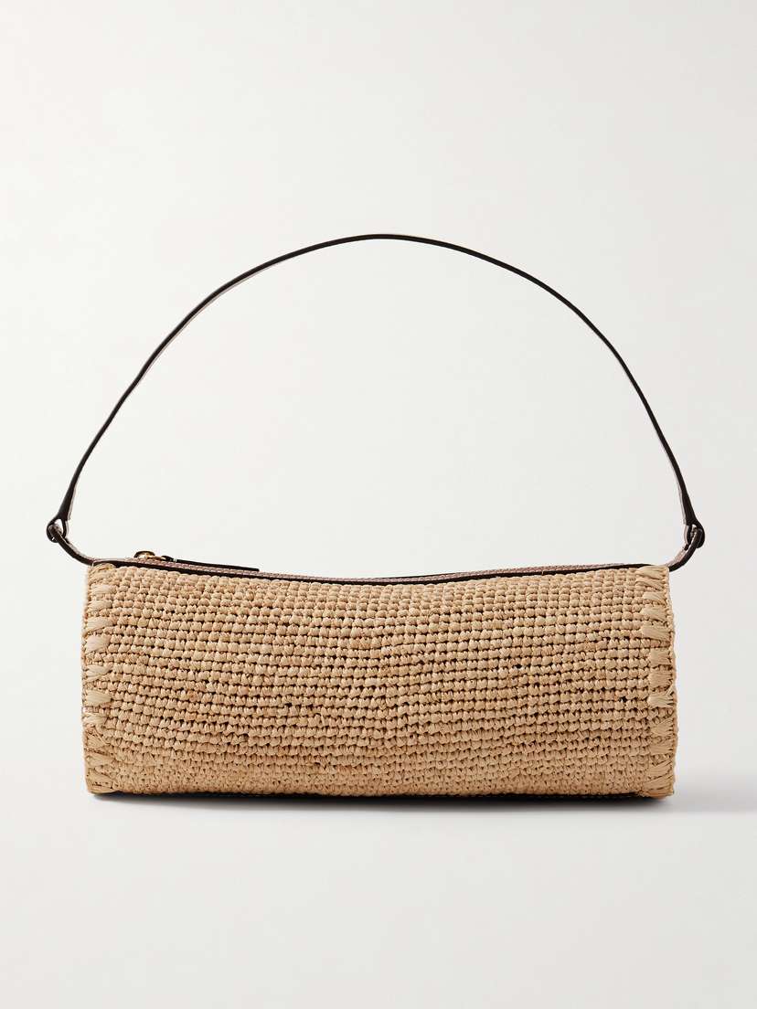 Staud Taru Mini Leather-trimmed Raffia Shoulder Bag