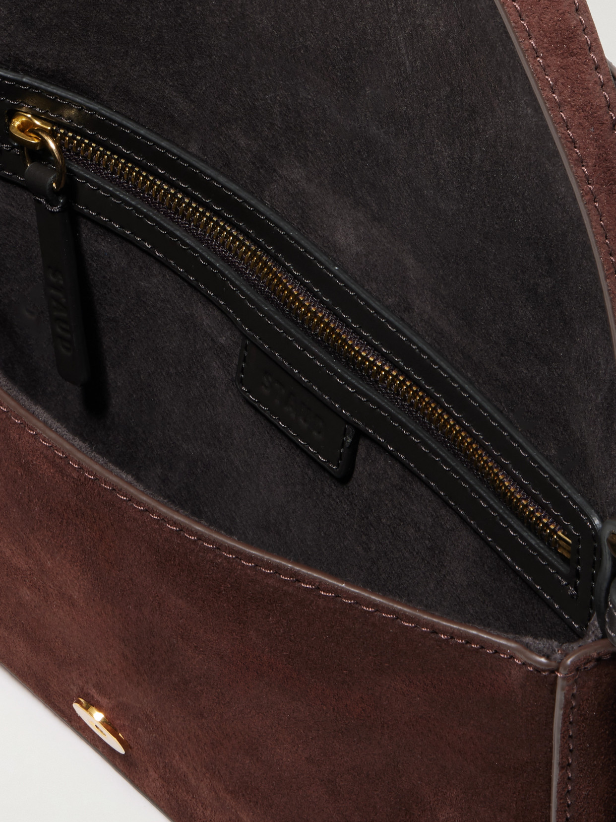 Staud Harlow Buckled Suede Shoulder Bag In Brown