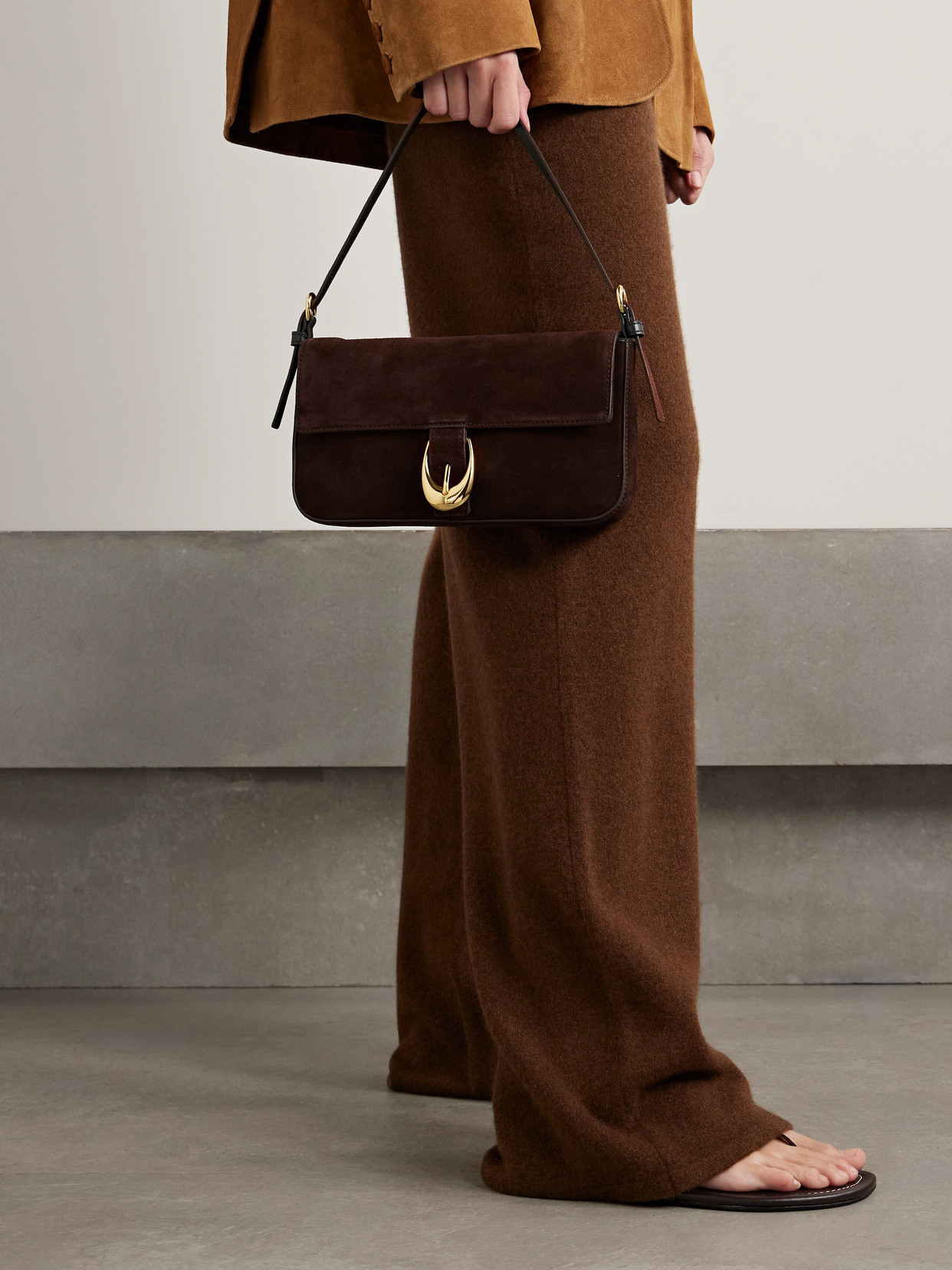 Staud Harlow Buckled Suede Shoulder Bag In Brown