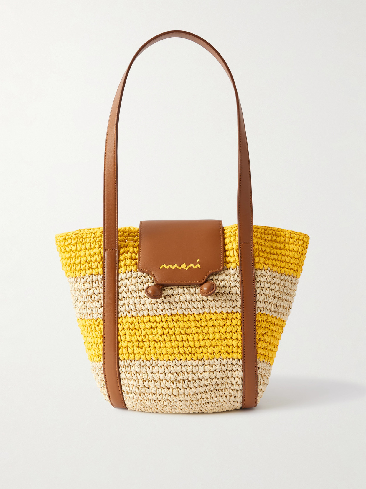 Marni Trunkaroo Small Leather-trimmed Striped Raffia Tote In Yellow