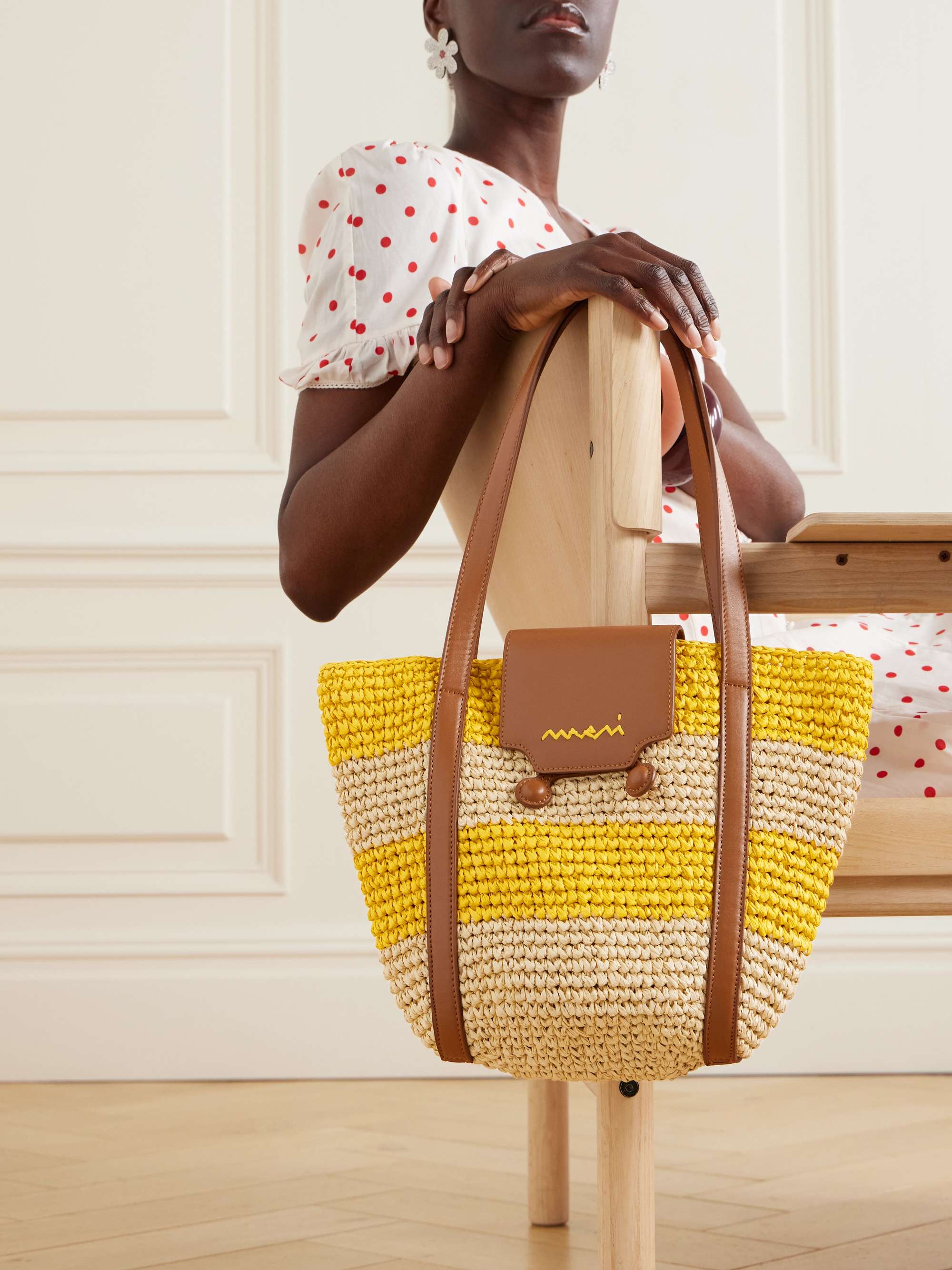 MARNI Trunkaroo ラフィア スモール トートバッグ レザートリム MARNI Trunkaroo ラフィア スモール トートバッグ レザートリム